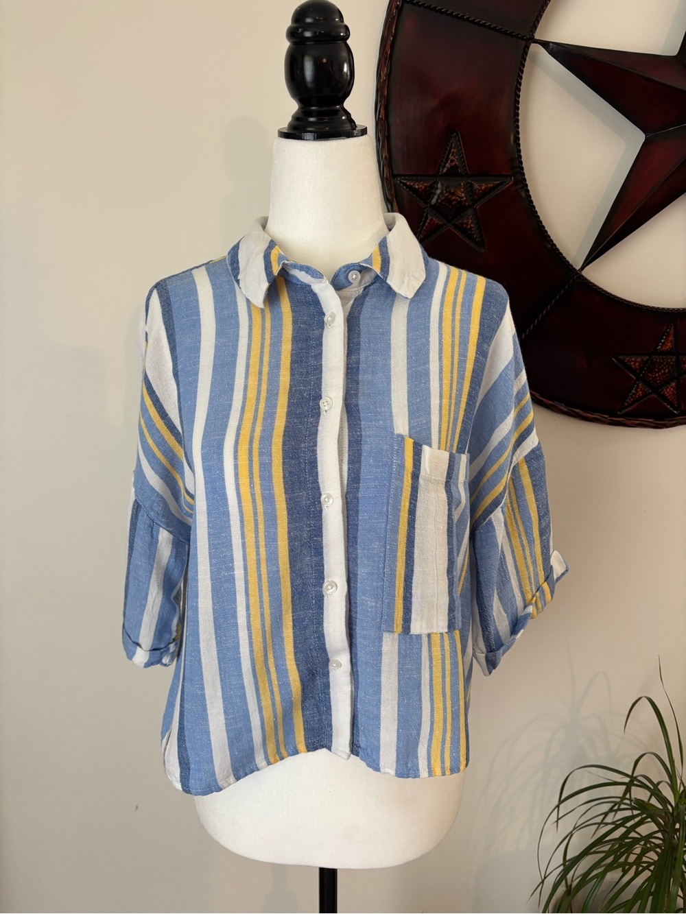 Primark Boxy Linen Blend Cottagecore  Croquettegirl Striped Button-Up Shirt Sz M